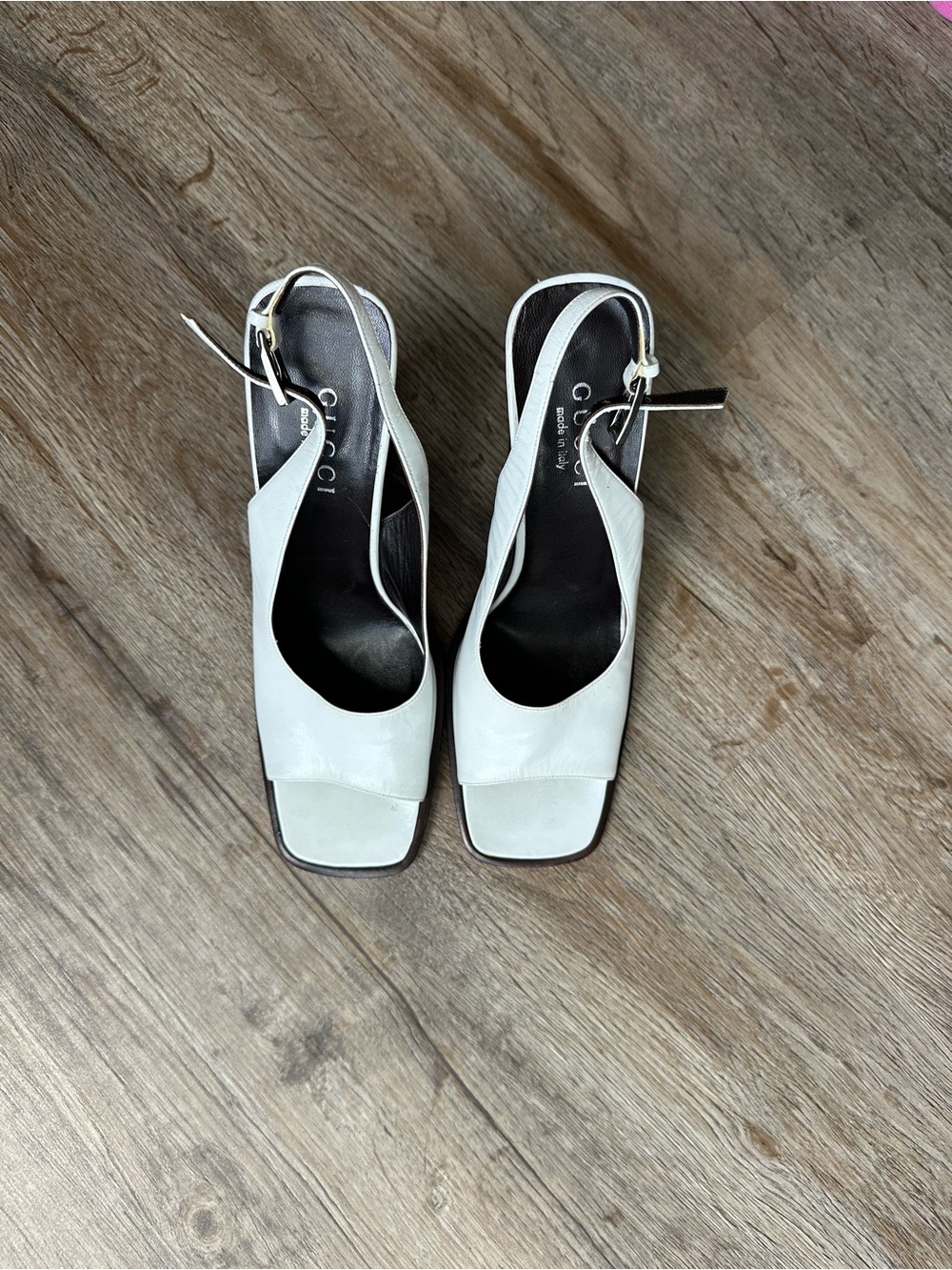 Gucci White Leather Square-Toe Slingback Heels